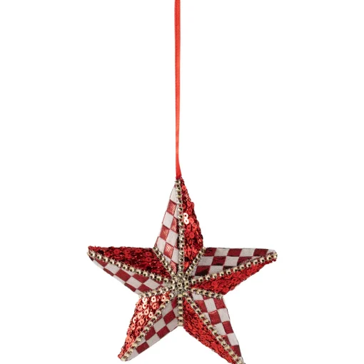 Sequined and Checkered Star Christmas Ornament - 6" - Red Symbols
