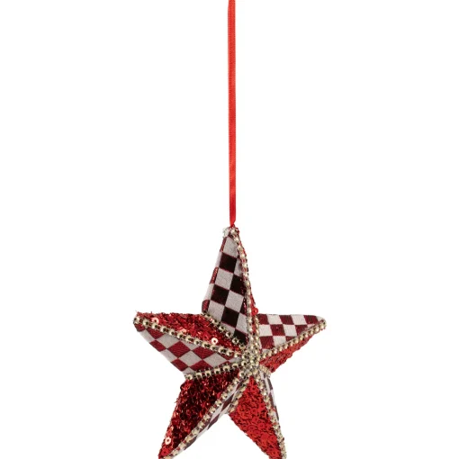 Sequined and Checkered Star Christmas Ornament - 6" - Red Symbols