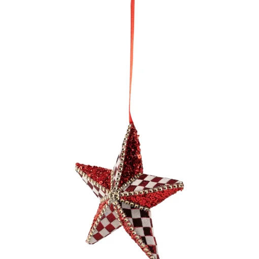 Sequined and Checkered Star Christmas Ornament - 6" - Red Symbols