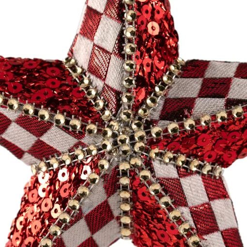 Sequined and Checkered Star Christmas Ornament - 6" - Red Symbols