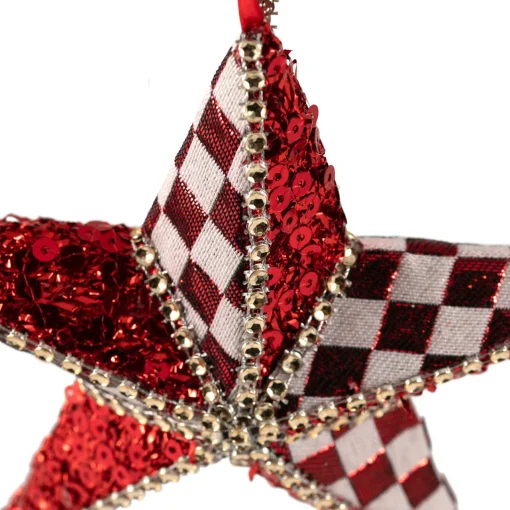 Sequined and Checkered Star Christmas Ornament - 6" - Red Symbols