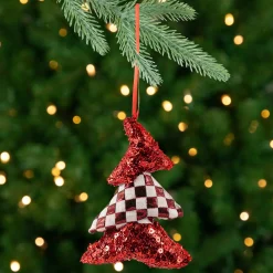 Discount Sequined and Checkered Tree Christmas Ornaments - 5" - Red - Set of 2 Garden & Floral