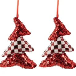 Discount Sequined and Checkered Tree Christmas Ornaments - 5" - Red - Set of 2 Garden & Floral