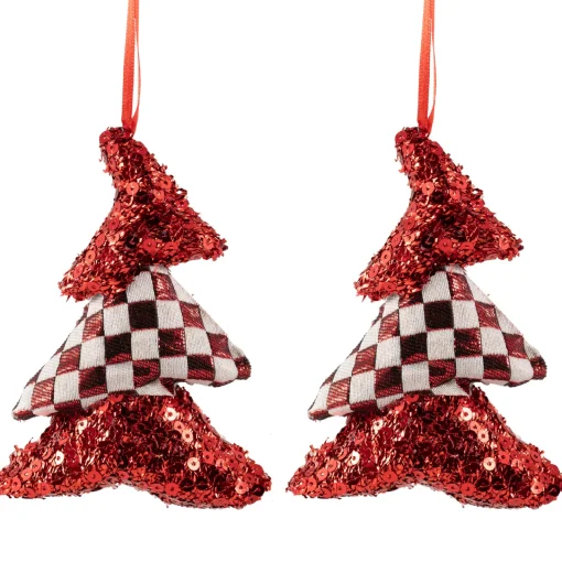Discount Sequined and Checkered Tree Christmas Ornaments - 5" - Red - Set of 2 Garden & Floral