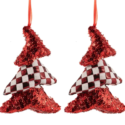 Discount Sequined and Checkered Tree Christmas Ornaments - 5" - Red - Set of 2 Garden & Floral