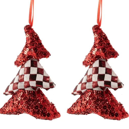 Discount Sequined and Checkered Tree Christmas Ornaments - 5" - Red - Set of 2 Garden & Floral
