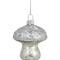 Clearance Sequined Mercury Glass Mushroom Christmas Ornament - 3.5" - Silver Finish Garden & Floral