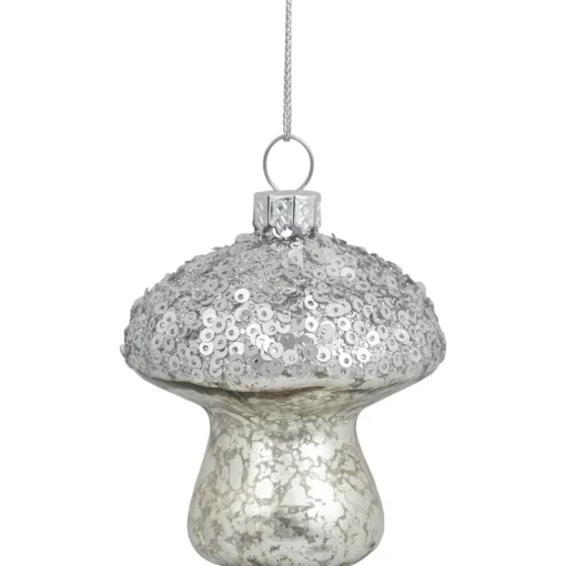 Clearance Sequined Mercury Glass Mushroom Christmas Ornament - 3.5" - Silver Finish Garden & Floral
