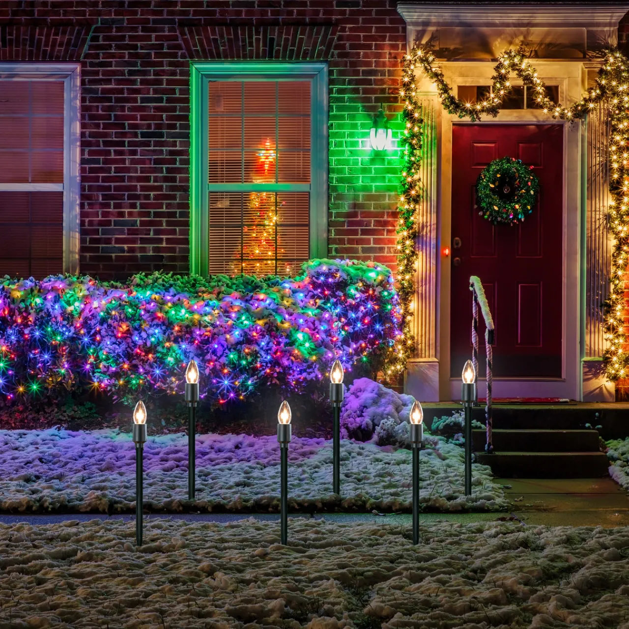 Best Set of 15 Clear Lighted C9 Shape Christmas Pathway Markers, Green Wire Lawn Stakes