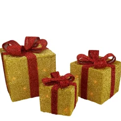 Discount Set of 3 Gold and Red Gift Boxes with Bows Lighted Christmas Outdoor Decorations Gifts & Bows