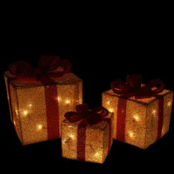 Discount Set of 3 Gold and Red Gift Boxes with Bows Lighted Christmas Outdoor Decorations Gifts & Bows