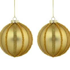 Discount Set of 2 Gold Striped Glittered Glass Christmas Ball Ornaments 4" Glass|Ball Ornaments
