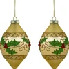 Clearance Set of 2 Golden Glitter Holly Finial Christmas Glass Ornaments 5" Finials|Pendants