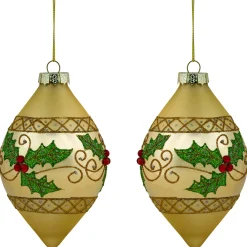 Clearance Set of 2 Golden Glitter Holly Finial Christmas Glass Ornaments 5" Finials|Pendants