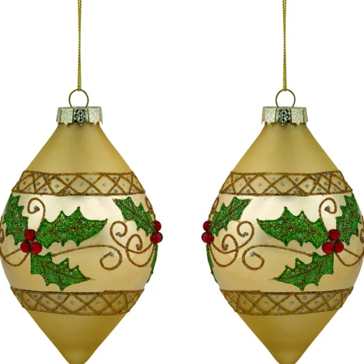 Clearance Set of 2 Golden Glitter Holly Finial Christmas Glass Ornaments 5" Finials|Pendants