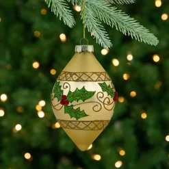Clearance Set of 2 Golden Glitter Holly Finial Christmas Glass Ornaments 5" Finials|Pendants