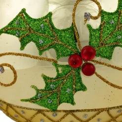 Clearance Set of 2 Golden Glitter Holly Finial Christmas Glass Ornaments 5