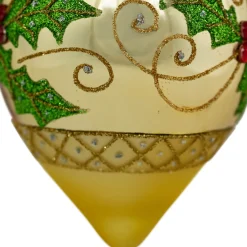 Clearance Set of 2 Golden Glitter Holly Finial Christmas Glass Ornaments 5
