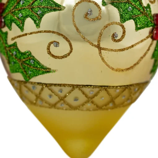 Clearance Set of 2 Golden Glitter Holly Finial Christmas Glass Ornaments 5" Finials|Pendants