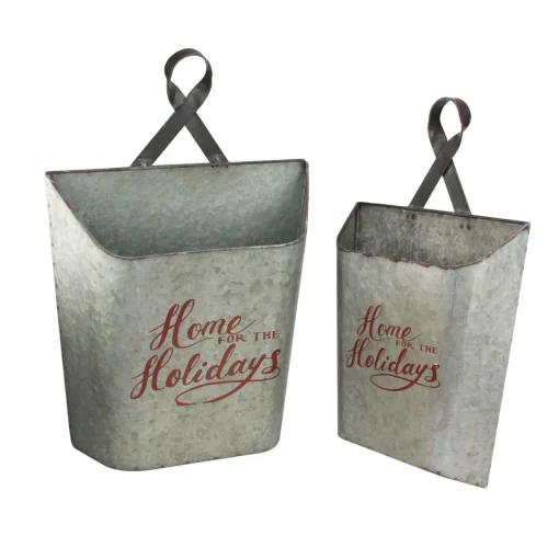 Outlet Set of 2 Gray and Red Home for the Holidays Weathered Christmas Wall Buckets 18" Door