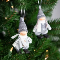 Online Set of 2 Gray and White Striped Plush Twin Gnomes Christmas Ornaments 5.5