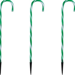 New Set of 3 Green and White Twinkle Candy Cane Pathway Markers 26" Lawn Stakes