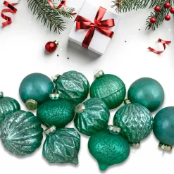 New Set of 12 Green Finial and Glass Ball Christmas Ornaments Glass|Ball Ornaments