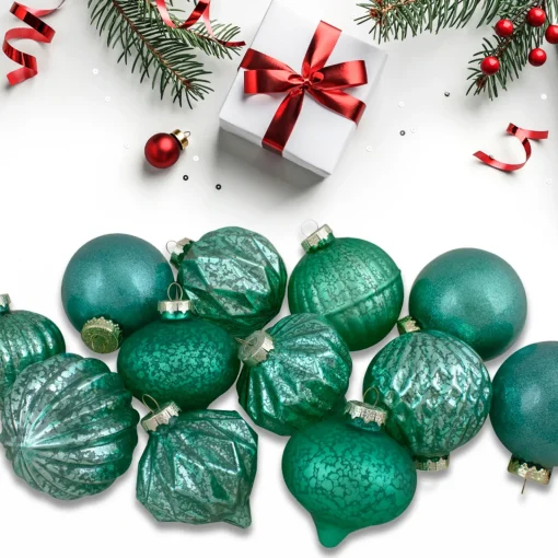 New Set of 12 Green Finial and Glass Ball Christmas Ornaments Glass|Ball Ornaments