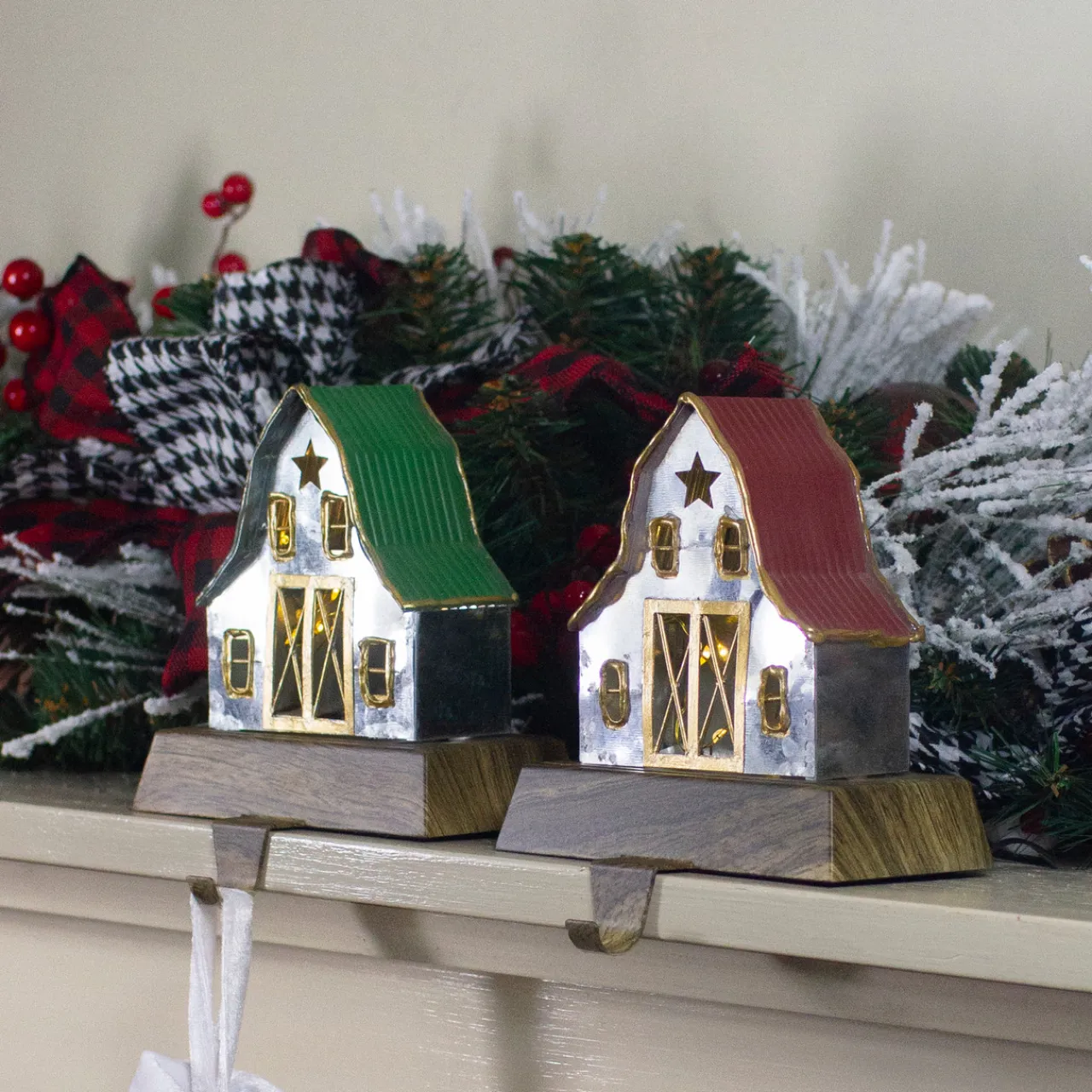 Best Set of 2 LED Lighted Galvanized Barn Christmas Stocking Holders 5.5" Stocking Holders