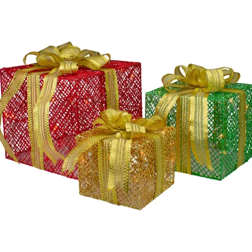 Hot Set of 3 LED Lighted Red, Green and Gold Glitter Gift Boxes Outdoor Christmas Decoration Gifts & Bows