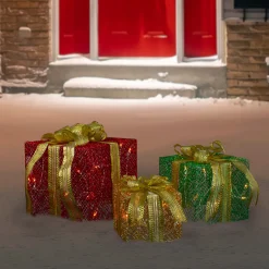 Hot Set of 3 LED Lighted Red, Green and Gold Glitter Gift Boxes Outdoor Christmas Decoration Gifts & Bows