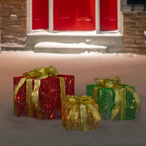 Hot Set of 3 LED Lighted Red, Green and Gold Glitter Gift Boxes Outdoor Christmas Decoration Gifts & Bows