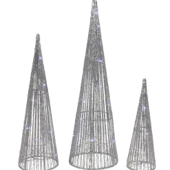 Online Set of 3 LED Lighted Silver Glitter Cone Tree Outdoor Christmas Decorations 23.5" Trees