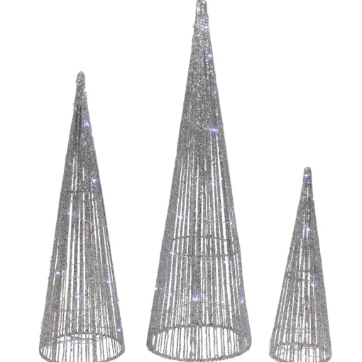 Online Set of 3 LED Lighted Silver Glitter Cone Tree Outdoor Christmas Decorations 23.5" Trees