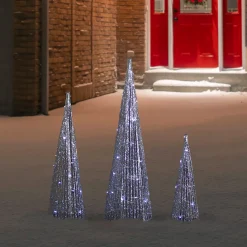 Online Set of 3 LED Lighted Silver Glitter Cone Tree Outdoor Christmas Decorations 23.5" Trees