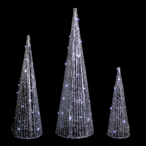 Online Set of 3 LED Lighted Silver Glitter Cone Tree Outdoor Christmas Decorations 23.5" Trees