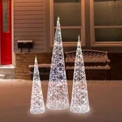 Online Set of 3 LED Lighted Twinkling Cone Trees Christmas Yard Decoration - Cool White Lights Trees