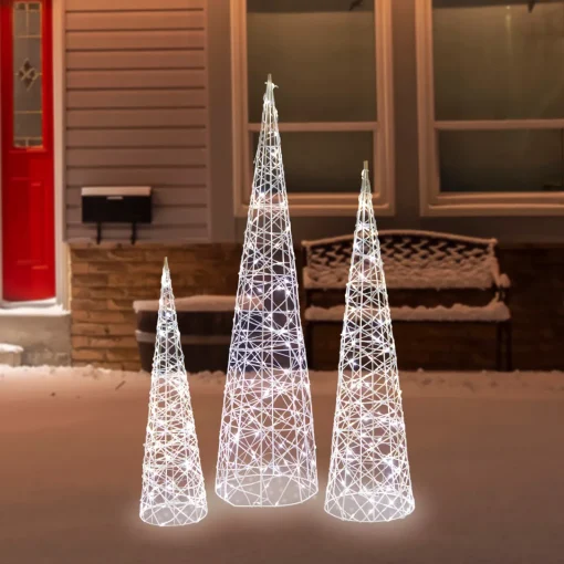 Online Set of 3 LED Lighted Twinkling Cone Trees Christmas Yard Decoration - Cool White Lights Trees