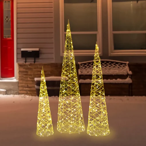 Outlet Set of 3 LED Twinkle Lighted Gold Mesh Cone Trees Outdoor Christmas Decorations 39.5" Trees
