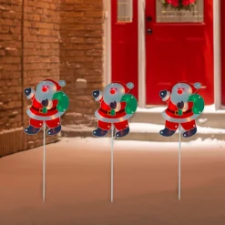 Clearance Set of 3 Lighted Holographic Santa Claus Christmas Pathway Markers 25" Lawn Stakes