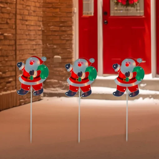 Clearance Set of 3 Lighted Holographic Santa Claus Christmas Pathway Markers 25" Lawn Stakes