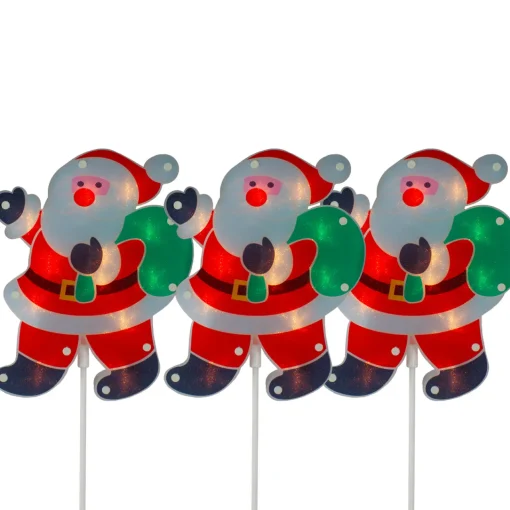 Clearance Set of 3 Lighted Holographic Santa Claus Christmas Pathway Markers 25" Lawn Stakes