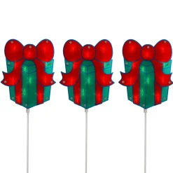 Outlet Set of 3 Lighted Holographic Christmas Gift Box Pathway Markers 4.75' Lawn Stakes