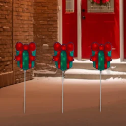 Outlet Set of 3 Lighted Holographic Christmas Gift Box Pathway Markers 4.75' Lawn Stakes