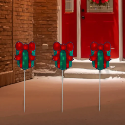 Outlet Set of 3 Lighted Holographic Christmas Gift Box Pathway Markers 4.75' Lawn Stakes