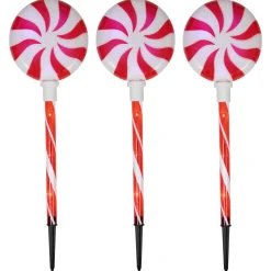 Outlet Set of 3 Lighted LED Peppermint Candy Christmas Pathway Markers 26" Lawn Stakes