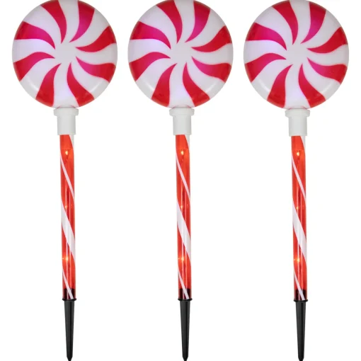 Outlet Set of 3 Lighted LED Peppermint Candy Christmas Pathway Markers 26" Lawn Stakes