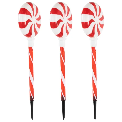 Outlet Set of 3 Lighted LED Peppermint Candy Christmas Pathway Markers 26" Lawn Stakes