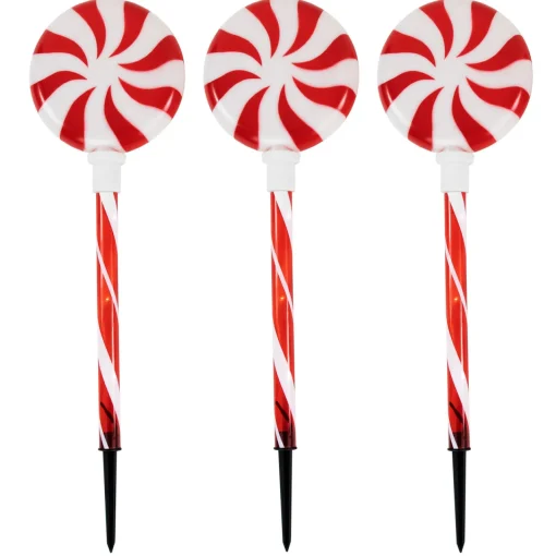 Outlet Set of 3 Lighted LED Peppermint Candy Christmas Pathway Markers 26" Lawn Stakes