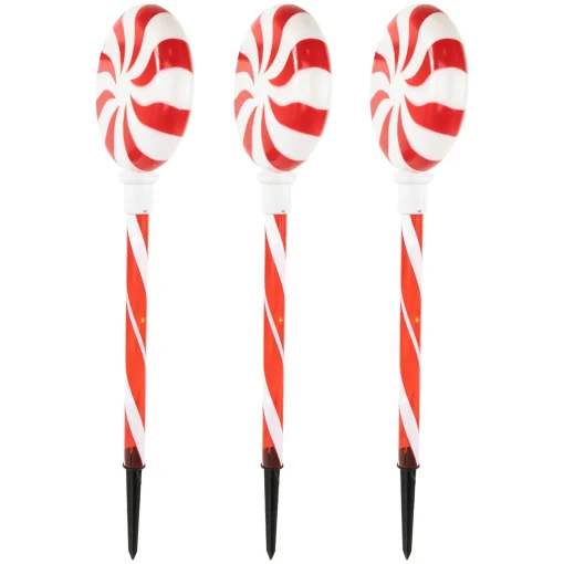 Outlet Set of 3 Lighted LED Peppermint Candy Christmas Pathway Markers 26" Lawn Stakes